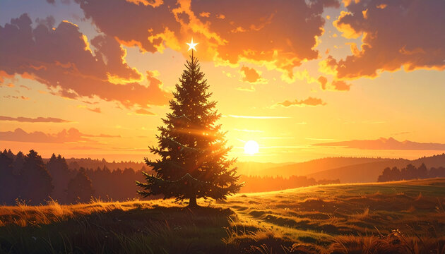 Illuminated Christmas Tree in Golden Sunset Landscape