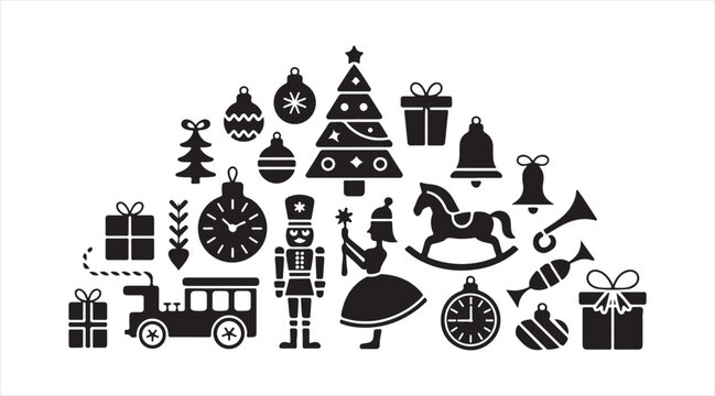 Xmas icon set with tree ornaments gifts and seasonal symbols, modern flat design for holiday cards, decorations and creative use