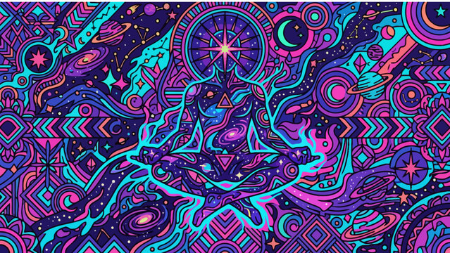 Cosmic Consciousness: Figure Meditates Amidst Galactic Swirls