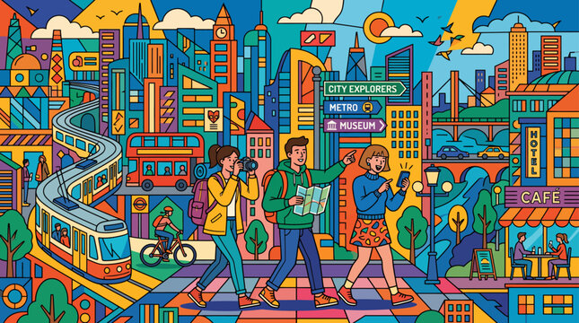 Vibrant Cityscape Explored by Young Tourists
