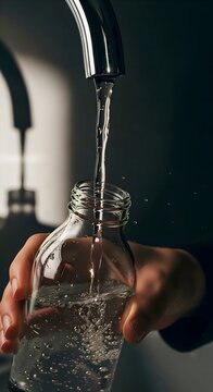 Low Angle View of Water Pouring into Glass Container &ndash; Dramatic Lighting on Fresh Stream and Reusable Glass.