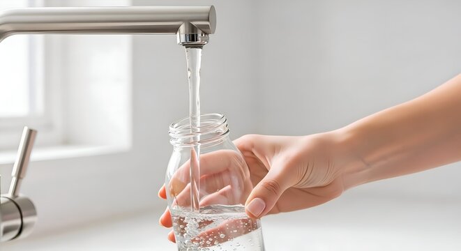 Sustainability Concept: Hand Filling Bottle with Filtered Water &ndash; Eco-Friendly Hydration Routine at Home.