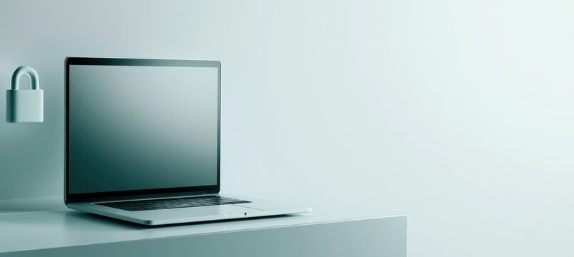 Laptop on minimal desk with floating lock icon and open workspace