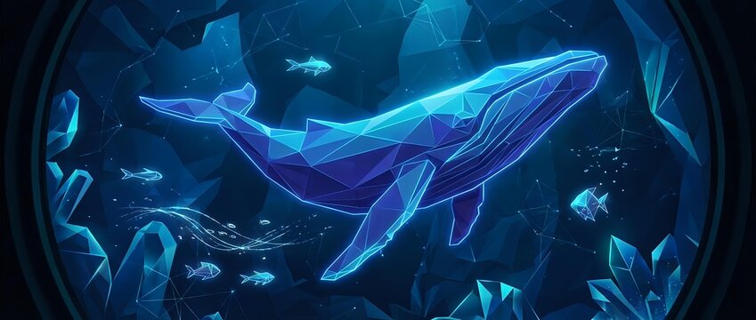 Majestic blue whale swimming in deep ocean waters surrounded by marine life and coral formations in underwater scene for educational content.