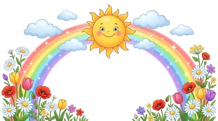 Obraz premium Cheerful sun with rainbow and colorful spring flowers frame on white background, isolated design element for children's projects and seasonal decorations.