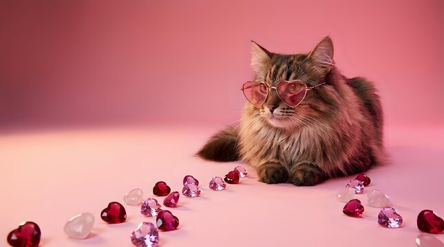 Fluffy Maine Coon cat wearing heart-shaped glasses surrounded by colorful heart gems on pink background for Valentine's Day romantic pet concept.