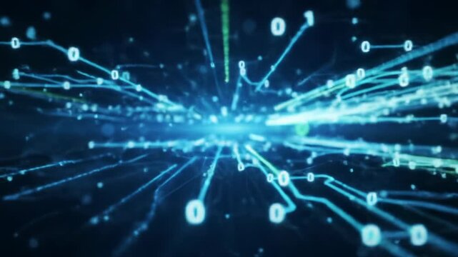 Forward tracking video through abstract, high-contrast cyberspace. Luminous electric blue & neon green data flow, pulsing central stream, intricate light pathways on ultramarine backdrop. Concept of