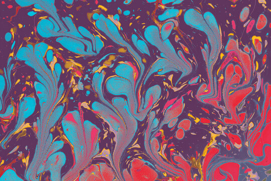 Abstract colorful ebru marbling art with floral pattern texture background