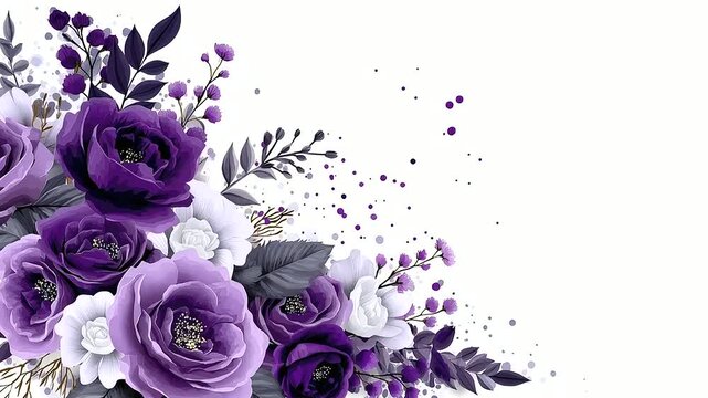Greeting card template with purple floral arrangement on white background, elegant invitation style, with copy space
