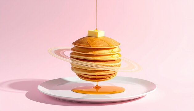 Pancakes Saturn food art conceptual breakfast stack with syrup and butter orbiting over white plate on pink background surreal space food photography creative dessert