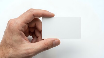 Obraz premium Male hand holding blank white business card mockup against clean background for branding and corporate identity design projects.