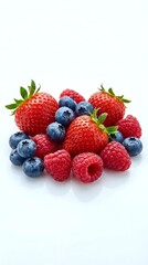 Obraz premium Fresh mixed berries strawberries blueberries raspberries isolated on white background for healthy eating and nutrition concepts.