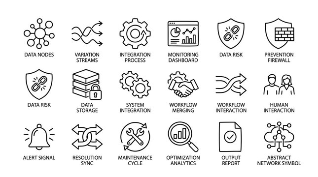 ICU data integration line icons set aligned in grid representing clinical systems