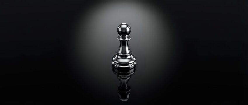 Silver metallic chess pawn piece standing alone on reflective black surface with dramatic spotlight lighting creating mirror reflection and shadows.
