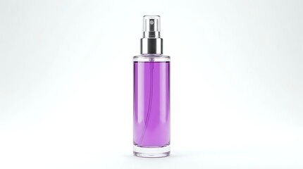 Fototapeta premium Purple cosmetic spray bottle with silver pump dispenser isolated on white background for beauty and skincare product packaging design.