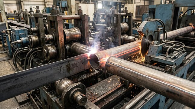Closeup medium view of a pipe forming line where strip steel is gradually transformed into cylindrical tubes by multiple roll stands highlighting the welding seam and flying cutoff