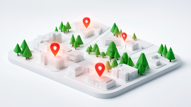 3d city map with location markers and green trees on white background