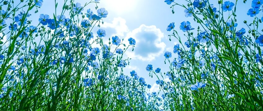 Blue cornflowers blooming in green meadow grass against bright sky with white clouds. Natural wildflower field landscape for spring summer backgrounds.