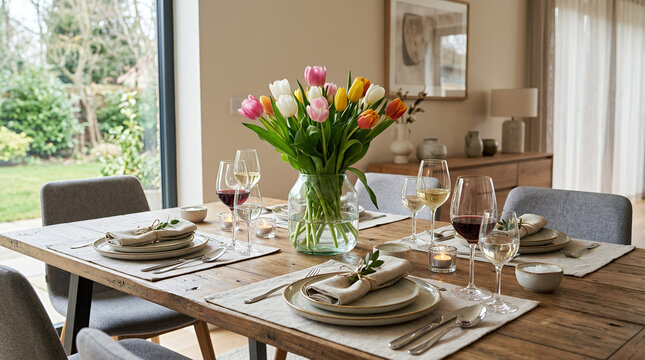 Elegant dining table setup with colorful flowers in a cozy interior