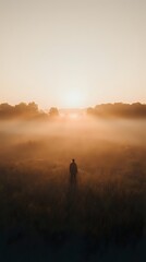 Fototapeta premium Solitary figure standing in misty field at golden hour sunrise with warm atmospheric fog rolling across rural landscape creating peaceful morning scene.