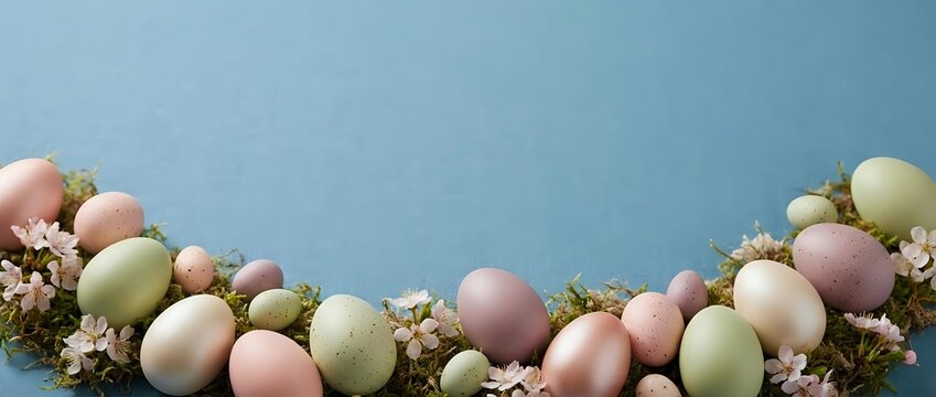 Pastel colored Easter eggs in soft pink green and cream tones arranged with dried flowers on blue background for spring holiday decorations.