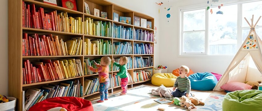 Colorful children's playroom with rainbow organized bookshelf, teepee tent, and educational toys creating inspiring learning environment for kids.
