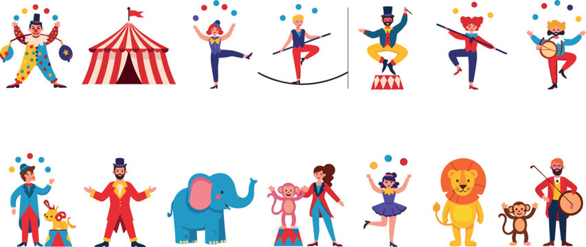 Circus Performance with Clowns, Animals, and Acrobat Acts for Fun, Entertainment, and Festival Themes