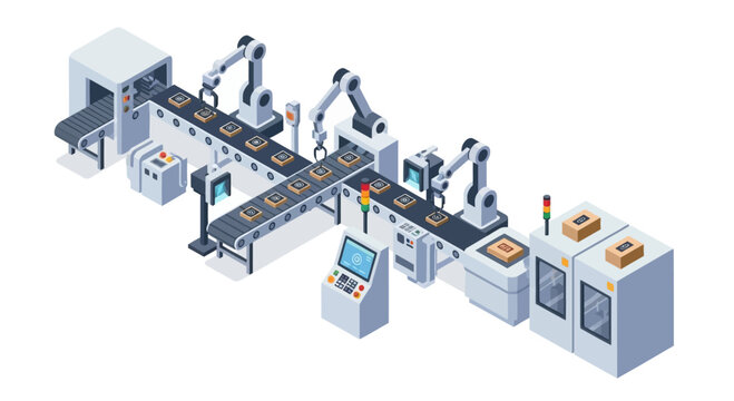 Automated Robotic Assembly Line With Multiple Robotic Arms.