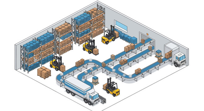 Automated warehouse conveyor and forklift logistics operation.