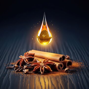 A glowing golden drop of pure essential oil hangs above rustic cinnamon sticks and aromatic spices on a dark, textured wooden background, extract, herbal, seasoning