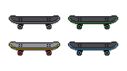 Pixel art skateboard icon set, colorful retro 8-bit vector collection of skating equipment for gaming design, arcade style graphics, and digital illustration concepts © Khoteza