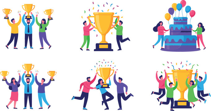 Flat Vector Illustrations of People Celebrating Success with Golden Trophies and Party Cakes for Business Achievement, Teamwork Wins, and Corporate Recognition Award Designs