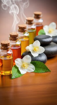 A peaceful arrangement of aromatic herbal oils in glass bottles alongside fresh jasmine flowers and warm stones on a wooden therapy table, calm, wellness, spa