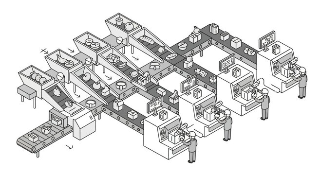 Industrial assembly line machinery with operator stations and conveyors.