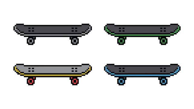 Pixel art skateboard icon set, colorful retro 8-bit vector collection of skating equipment for gaming design, arcade style graphics, and digital illustration concepts