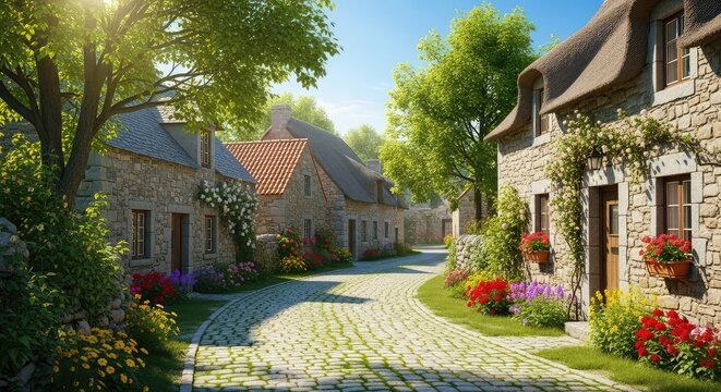 A peaceful narrow road winds through a charming rural village surrounded by traditional stone houses, lush green trees, and blooming flowers, village, lane, houses