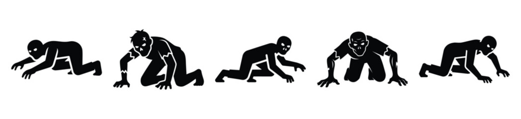 Fototapeta premium Big set of zombie crawling silhouettes black icon and character. Halloween Vector icons illustration on white background.