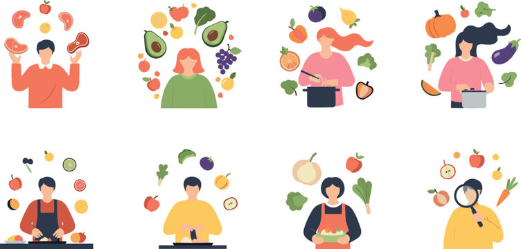 Healthy food lifestyle character set with people cooking eating and choosing fresh fruits and vegetables isolated on white background for nutrition design.