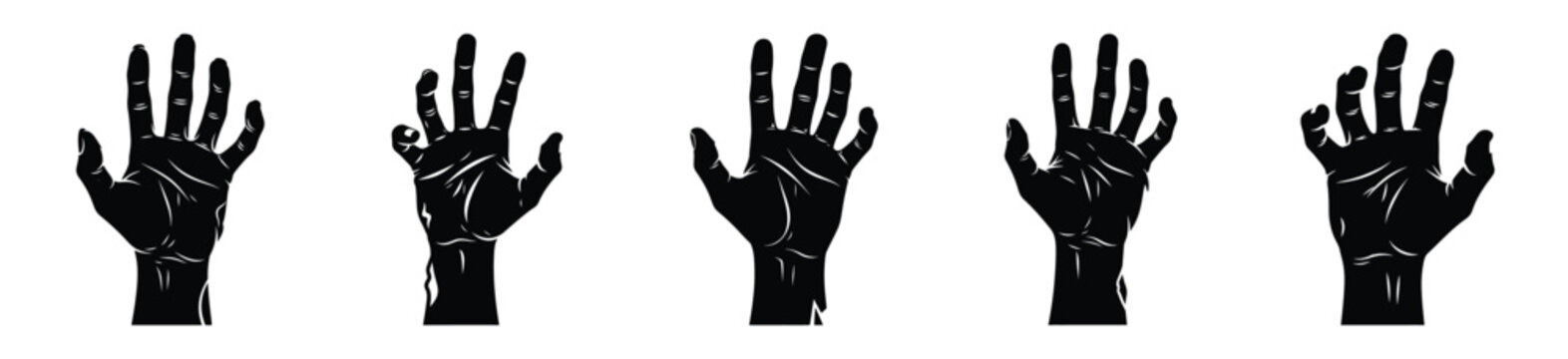 Big set of zombie hand rising silhouettes black icon and character. Halloween Vector icons illustration on white background.