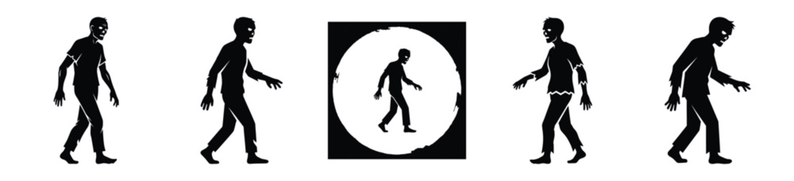 Big set of zombie walking silhouettes black icon and character. Halloween Vector icons illustration on white background.