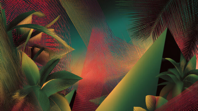 Y2K Brutalist Rave Poster with Abstract Wireframe Geometry and Tropical Impossible Shapes Vector Design