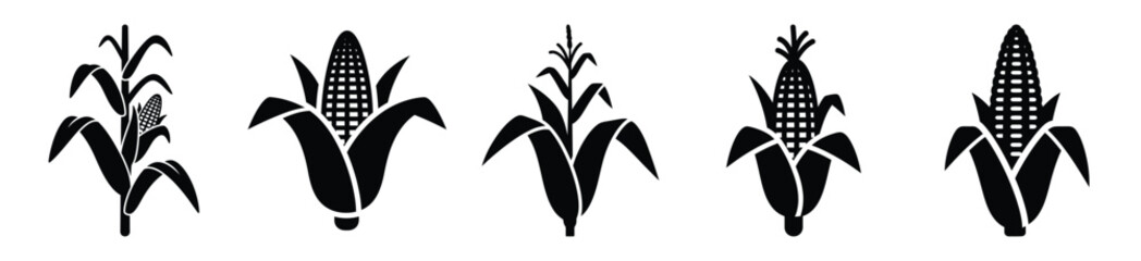 Big set of corn stalk silhouettes black icon and character. Halloween Vector icons illustration on white background. © Pallobroy