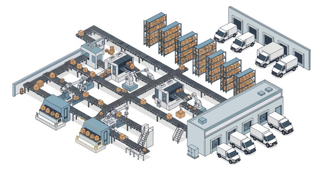 Isometric Warehouse Distribution Center Logistics Operations Illustration.