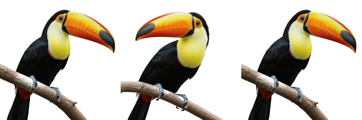 Fototapeta premium Majestic Exotic Toucan Bird Perched on Branch Isolated on Transparent Background for Tropical and Jungle Nature Design