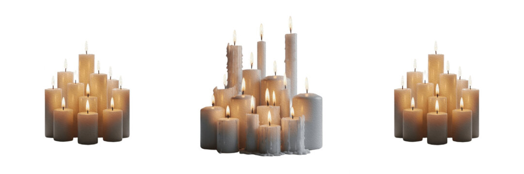 Group of Burning White Pillar Candles with Warm Glow Isolated on Transparent Background for Religious or Cozy Decor