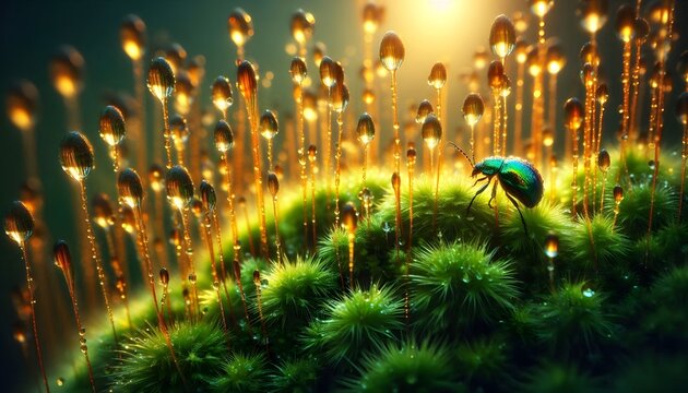 Morning dew drops on vibrant green forest moss macro