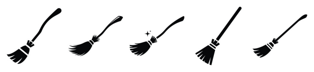 Big set of magic broom silhouettes black icon and character. Halloween Vector icons illustration on white background. © Pallobroy