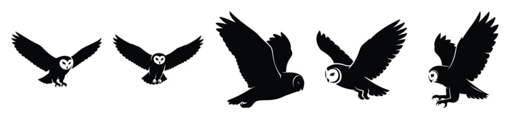 Big set of owl flying silhouettes black icon and character. Halloween Vector icons illustration on white background. © Pallobroy
