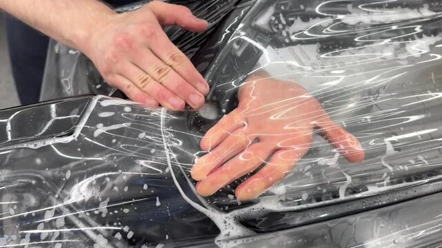 A car wrapping specialist applies a PPF or vinyl film to the body car. Selective focus. PPF protective film. The process of installing vinyl PPF film on the car. Protects the paint from scratches. 