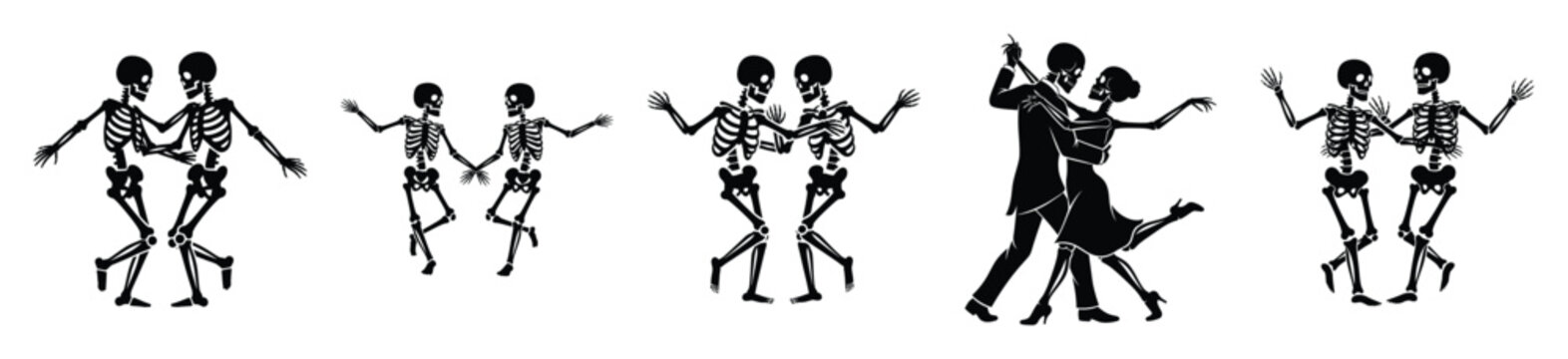Big set of skeleton dancing pair silhouettes black icon and character. Halloween Vector icons illustration on white background.